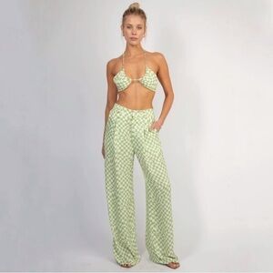 Stylish Green Checkered Wide Leg Women's Pants